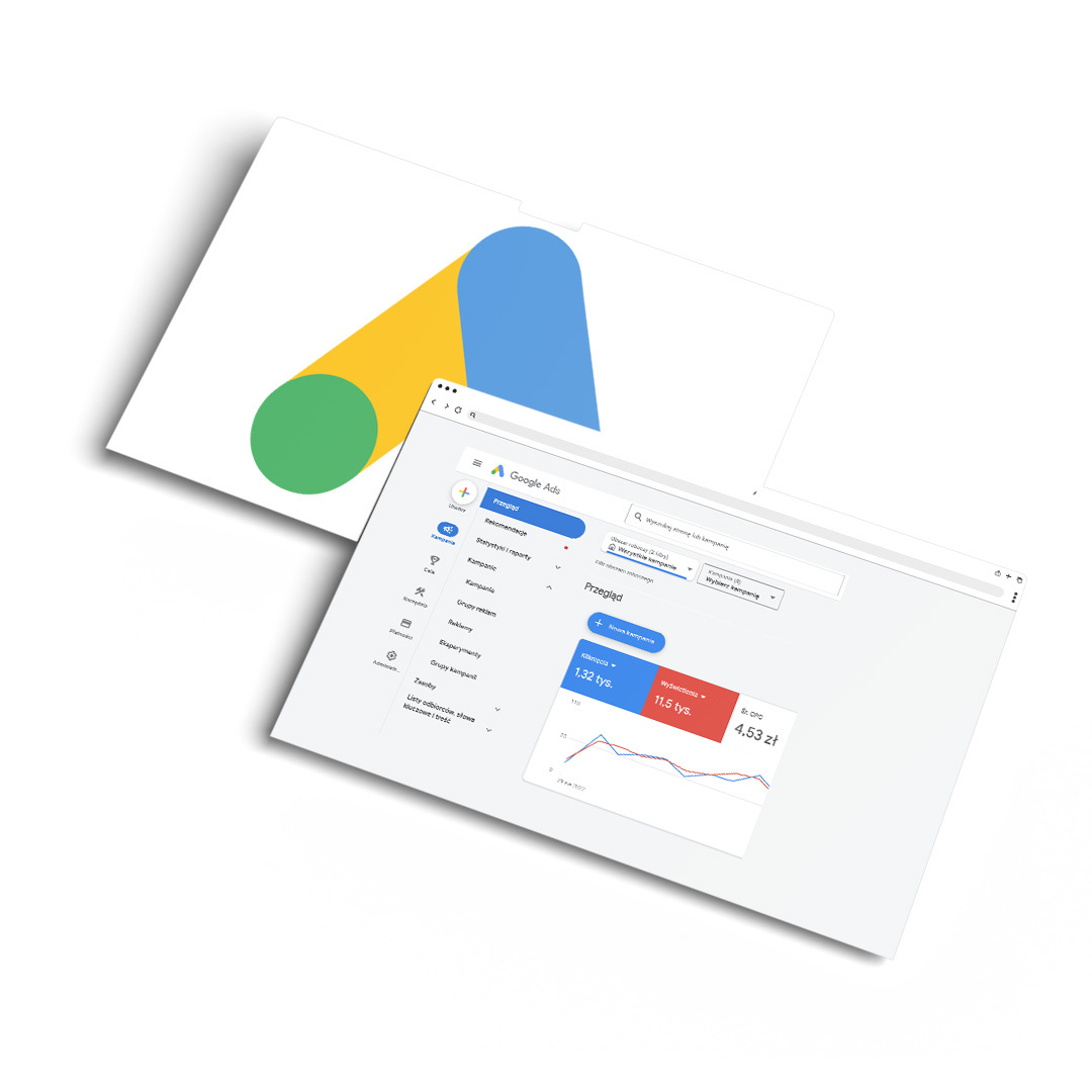 Panel Google Ads z typowymi błędami w kampaniach