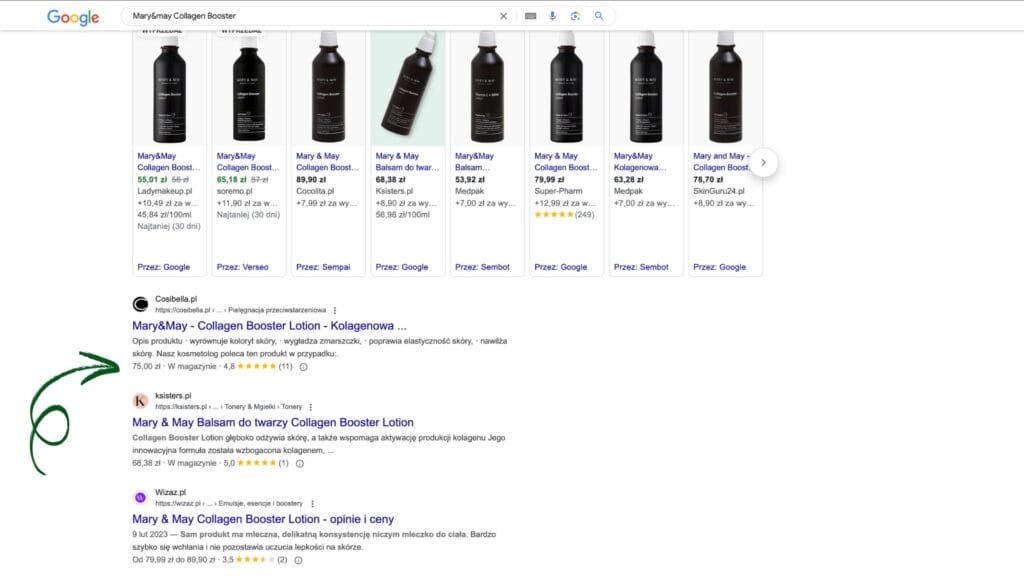 Dane strukturalne - zdjęcie ilustrujące przykład sturcture data dla produktów w wyszukiwarce Google