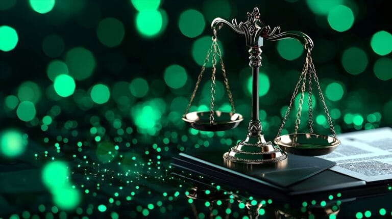 Scales of Justice with Legal Documents and Abstract Patterns