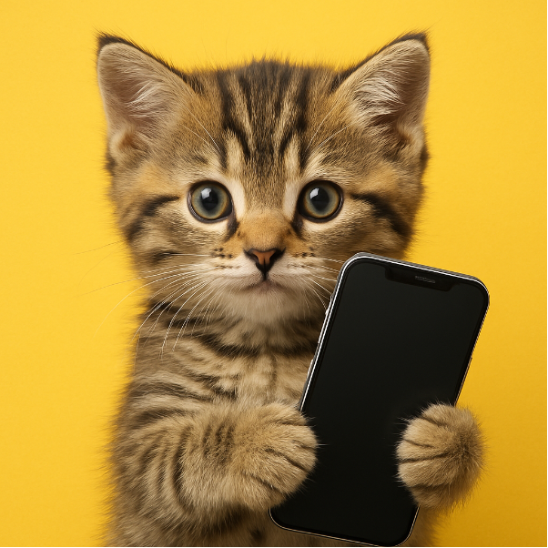 Testy A/B i kot na żółtym tle trzymający telefon